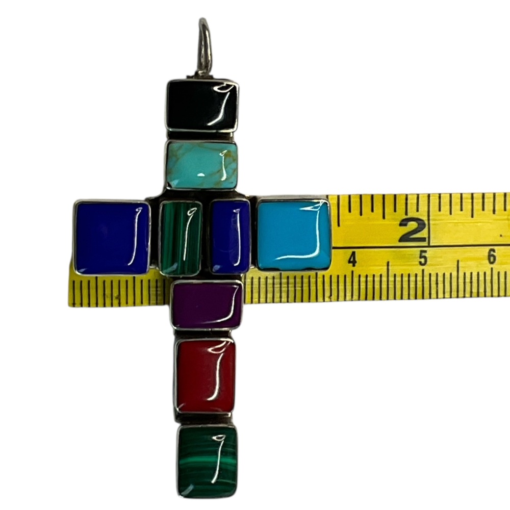 Handcrafted ATL Taxco Mexico Sterling Silver Multi-Gemstone Inlay Cross Pendant - Picture 7 of 10